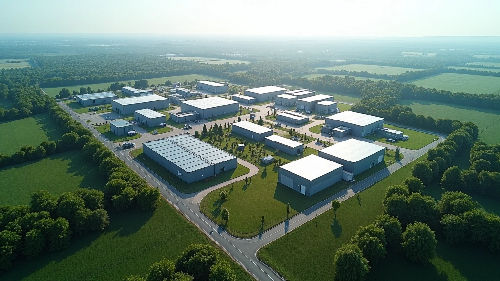 Panorama d'une ancienne installation minière transformée en parc technologique avec bâtiments modernes et espaces verts