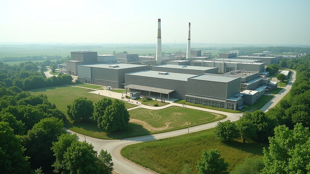 Ancien site minier français transformé avec nouvelles structures industrielles et espaces verts