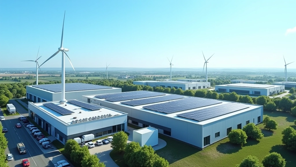 Usines modernes avec turbines éoliennes et installations photovoltaïques intégrées au paysage industriel