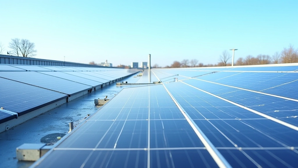 Panneaux solaires installés sur toit d'usine industrielle avec vue d'ensemble du site productif