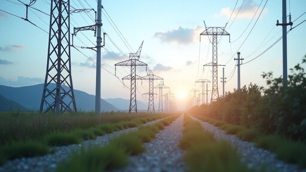 Infrastructure moderne de réseau électrique avec transformateurs et lignes haute tension