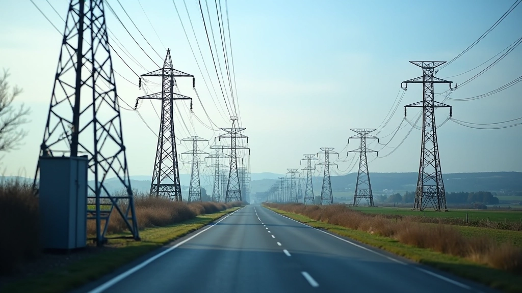 Infrastructure moderne de réseau électrique avec transformateurs et lignes de transmission