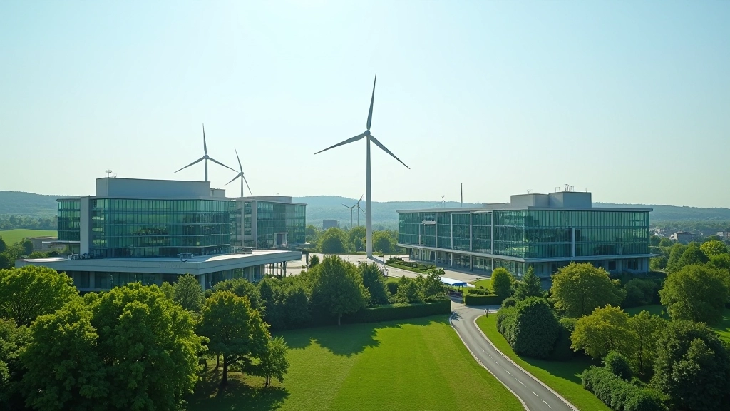 Ancien site minier du Nord convertis en parc technologique moderne avec bâtiments de bureaux et installation d'énergie renouvelable visible