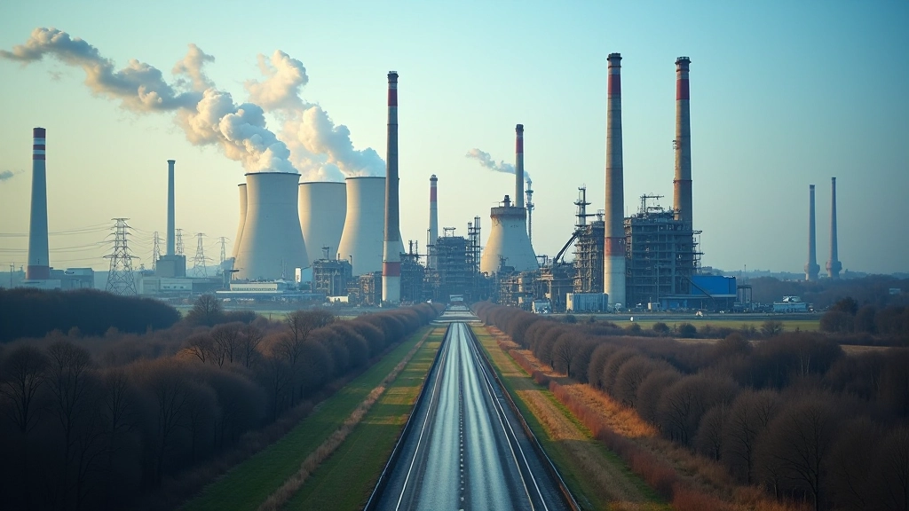 Région minière en transition avec installations industrielles anciennes et nouvelles énergies renouvelables