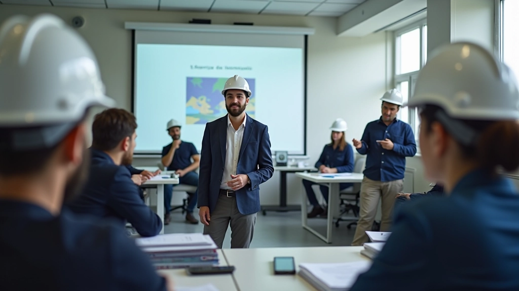 Groupe de travailleurs en formation professionnelle dans un centre de reconversion énergétique moderne
